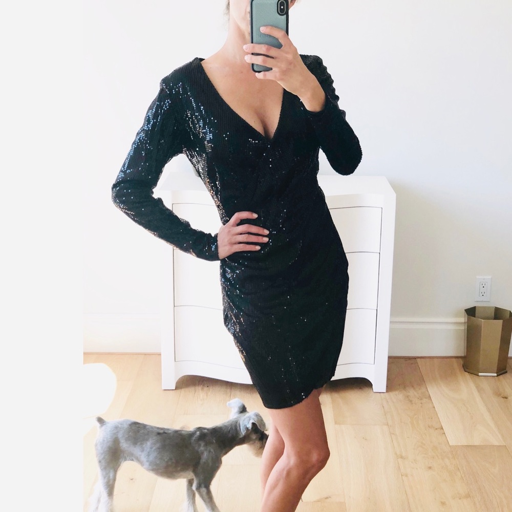 VEGAS Black Long Sleeve Sequin Surplice Dress - Picture 9 of 10